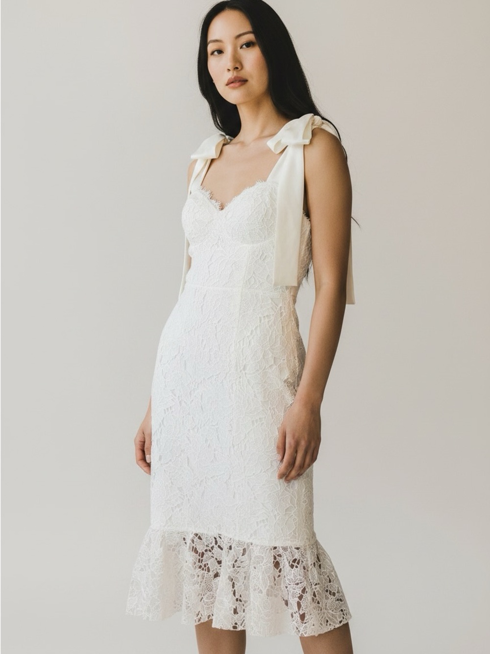 Fashion Nova White Lace Midi Dress with Bow Shoulder Ties